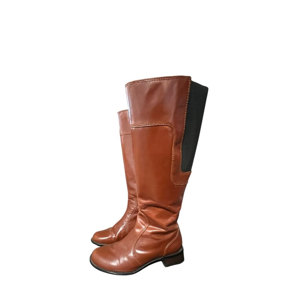 Softt Taryn Brown Black Leather Knee High Side Zip Up Heeled Boots Y2K Size 7 - Picture 2 of 8